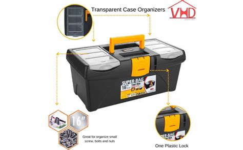 VHD Yellow Plastic 16″ Tool Box with Removable Tool Tray, 